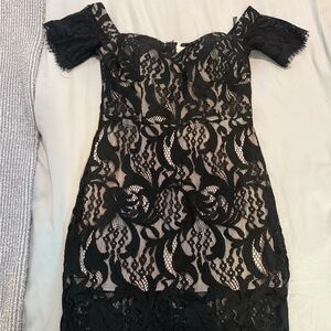 Black and tan off the shoulder lace dress
